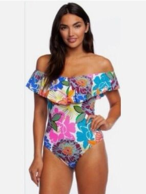 TRINA TURK:ONE PIECE RADIANT BLOOMS off Shoulder SWIMSUIT Size 10